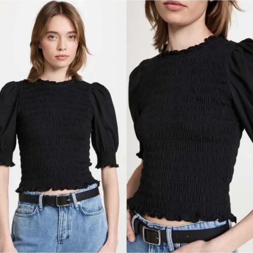 Veronica Beard Black Smocked Puff Sleeve Blouse